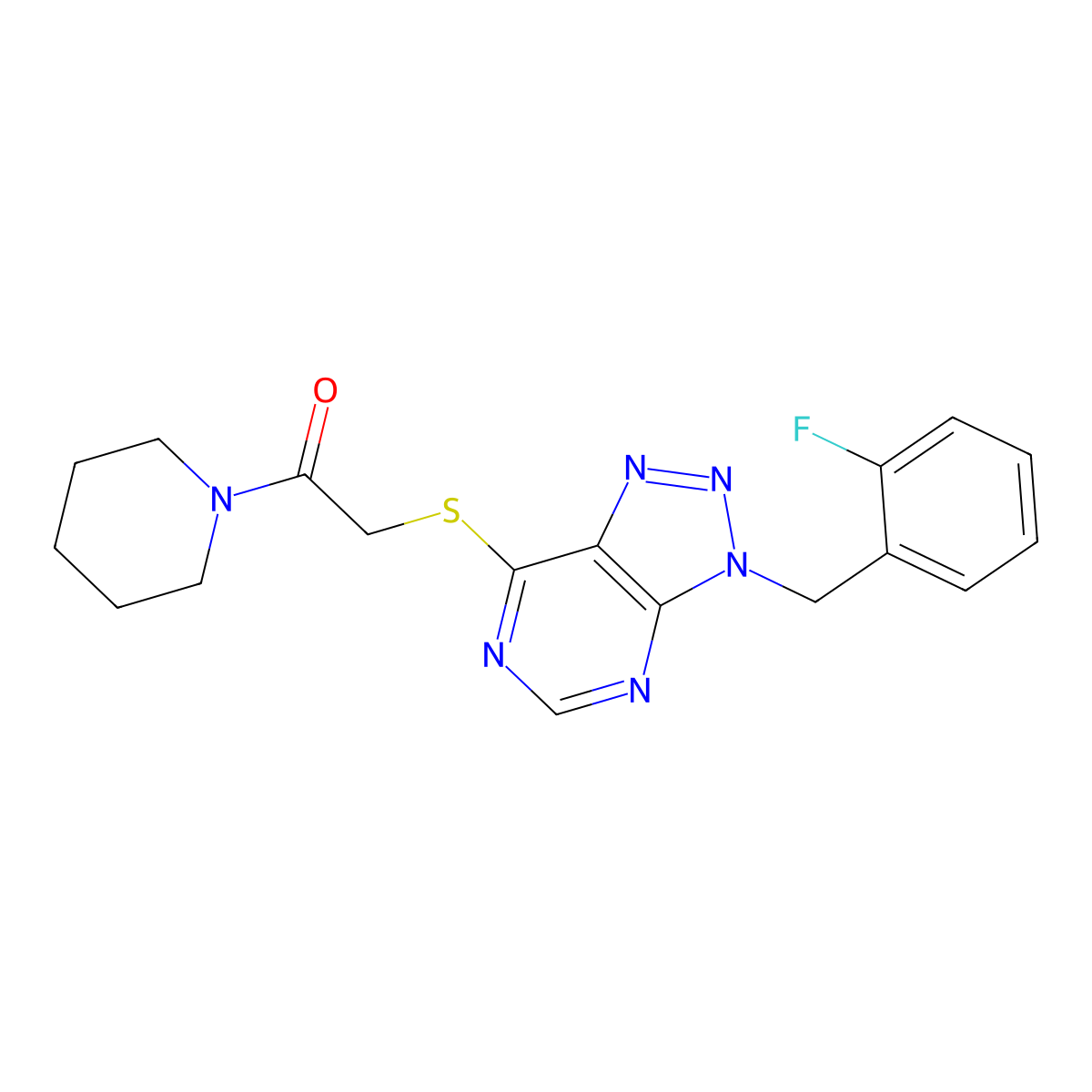 2-((3-(2-fluorobenzyl)-3H-[1,2,3]triazolo[4,5-d]pyrimidin-7-yl)thio)-1-(piperidin-1-yl)ethanone molecular structure, CAS 863458-34-8