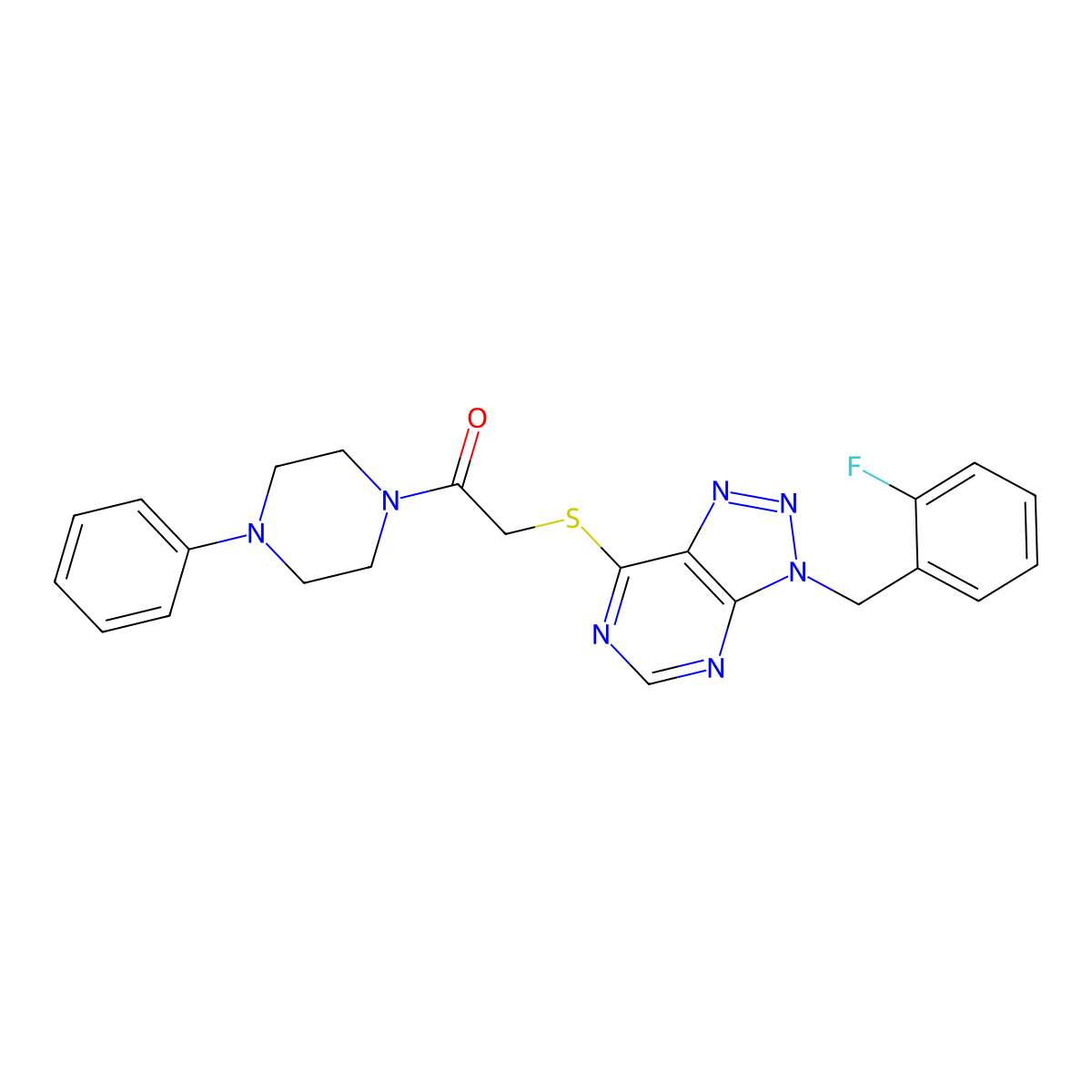 2-[3-[(2-Fluorophenyl)methyl]triazolo[4,5-d]pyrimidin-7-yl]sulfanyl-1-(4-phenylpiperazin-1-yl)ethanone molecular structure, CAS 863458-37-1