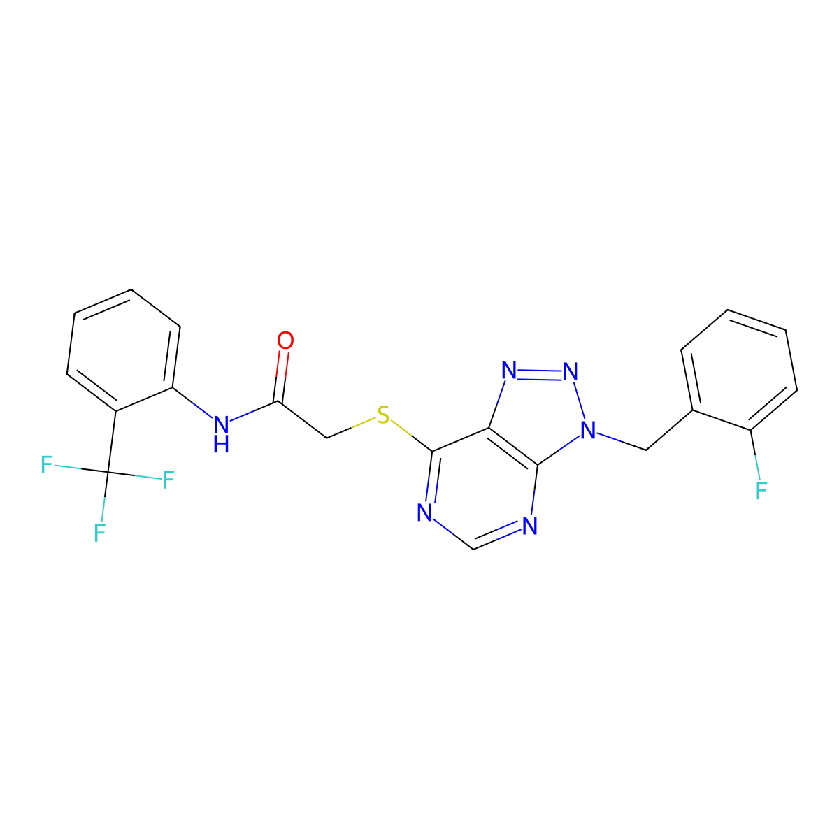 2-((3-(2-fluorobenzyl)-3H-[1,2,3]triazolo[4,5-d]pyrimidin-7-yl)thio)-N-(2-(trifluoromethyl)phenyl)acetamide molecular structure, CAS 863458-71-3