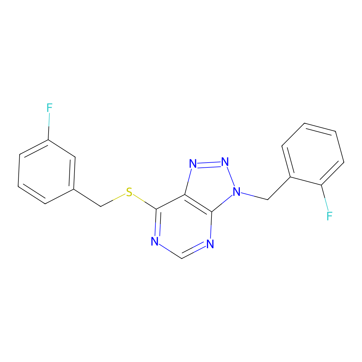 3-[(2-Fluorophenyl)methyl]-7-[(3-fluorophenyl)methylsulfanyl]triazolo[4,5-d]pyrimidine molecular structure, CAS 863458-91-7