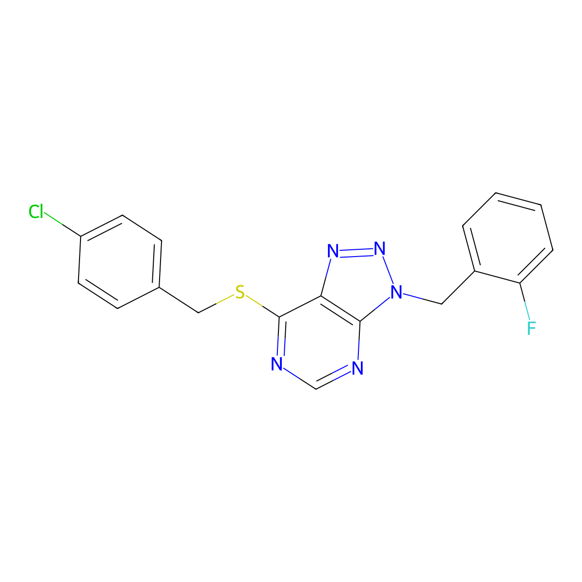 7-[(4-Chlorophenyl)methylsulfanyl]-3-[(2-fluorophenyl)methyl]triazolo[4,5-d]pyrimidine molecular structure, CAS 863458-94-0