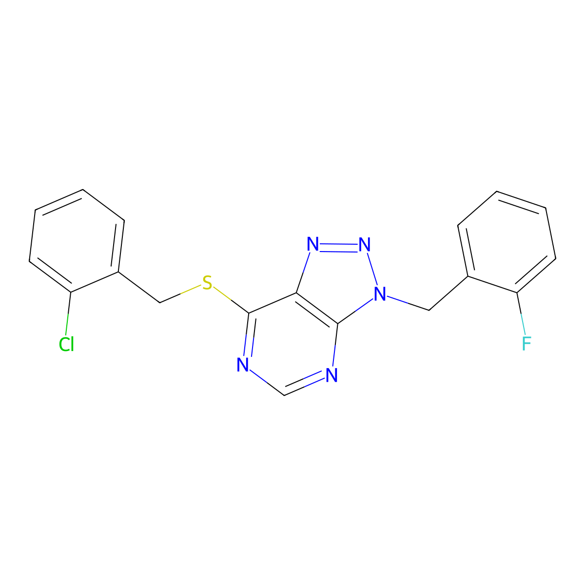 7-((2-chlorobenzyl)thio)-3-(2-fluorobenzyl)-3H-[1,2,3]triazolo[4,5-d]pyrimidine molecular structure, CAS 863458-96-2