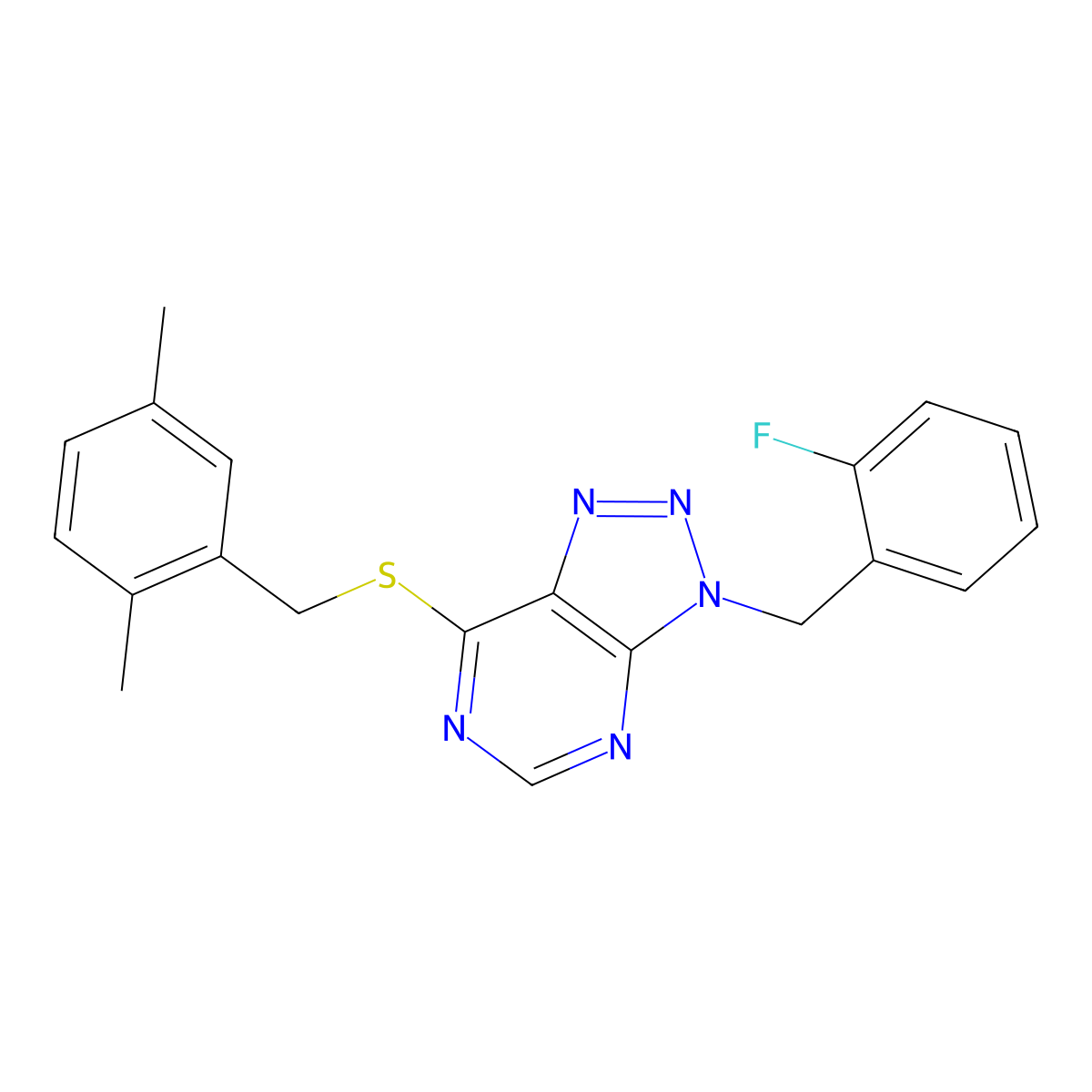 7-((2,5-dimethylbenzyl)thio)-3-(2-fluorobenzyl)-3H-[1,2,3]triazolo[4,5-d]pyrimidine molecular structure, CAS 863458-97-3