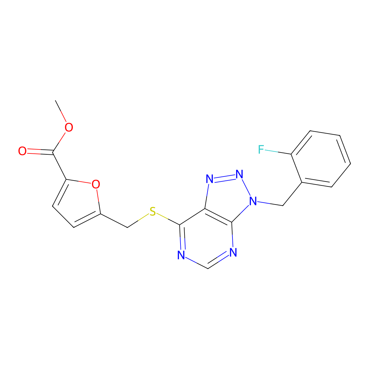 Methyl 5-[[3-[(2-fluorophenyl)methyl]triazolo[4,5-d]pyrimidin-7-yl]sulfanylmethyl]furan-2-carboxylate molecular structure, CAS 863458-99-5