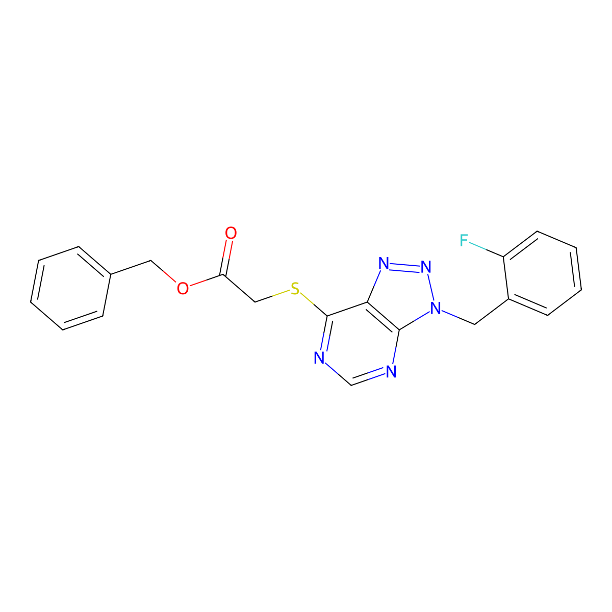 benzyl 2-((3-(2-fluorobenzyl)-3H-[1,2,3]triazolo[4,5-d]pyrimidin-7-yl)thio)acetate molecular structure, CAS 863459-02-3