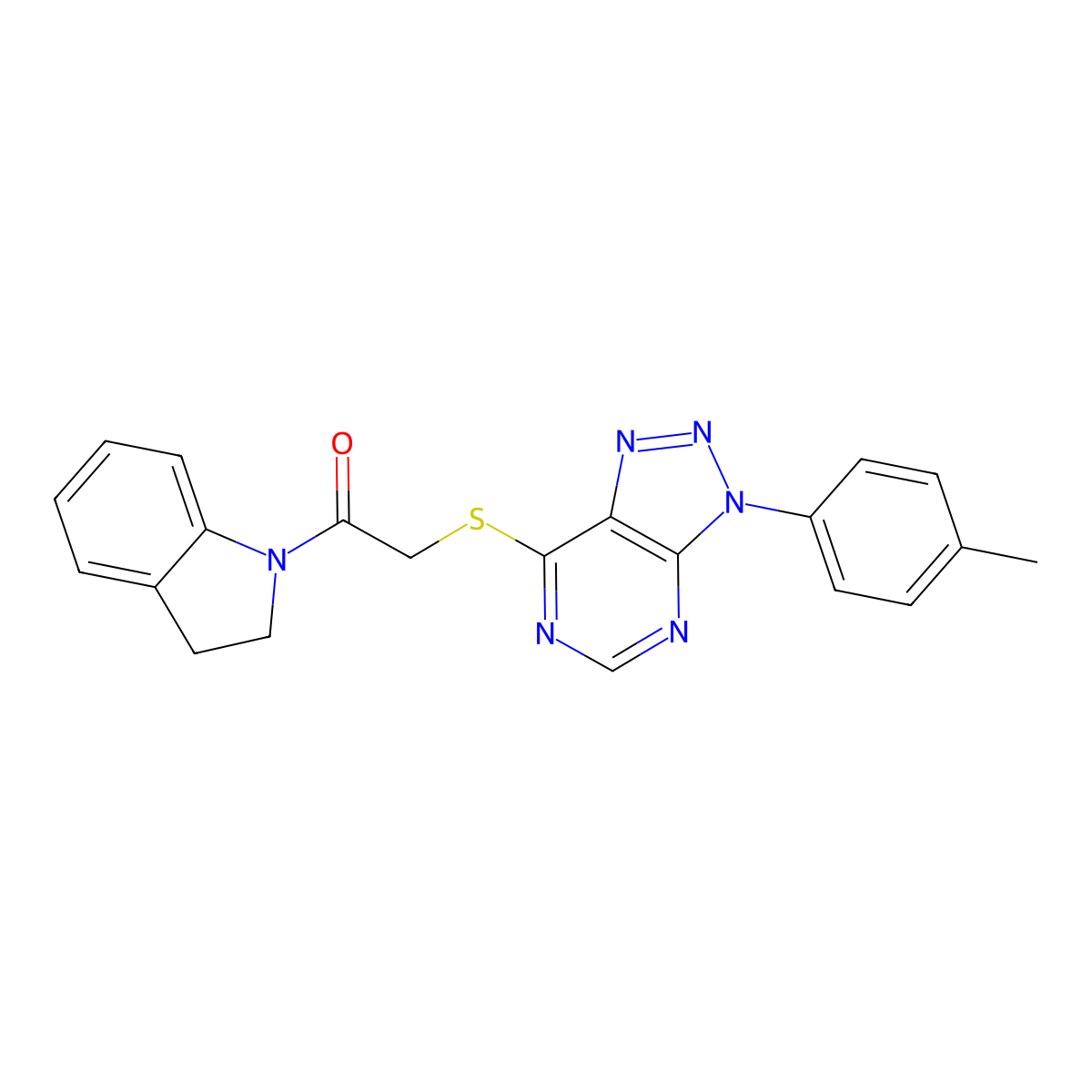 1-(indolin-1-yl)-2-((3-(p-tolyl)-3H-[1,2,3]triazolo[4,5-d]pyrimidin-7-yl)thio)ethanone molecular structure, CAS 863459-14-7