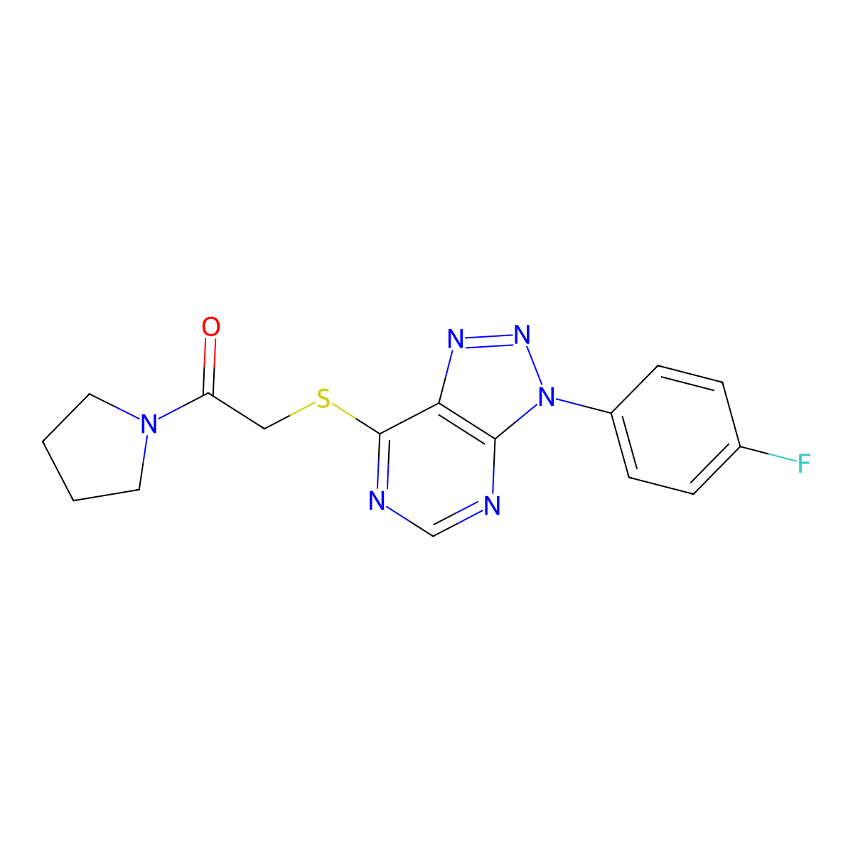 2-[3-(4-Fluorophenyl)triazolo[4,5-d]pyrimidin-7-yl]sulfanyl-1-pyrrolidin-1-ylethanone molecular structure, CAS 863459-74-9