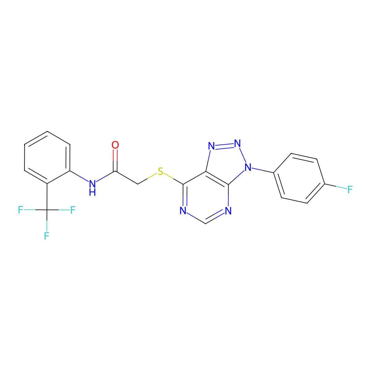 2-((3-(4-fluorophenyl)-3H-[1,2,3]triazolo[4,5-d]pyrimidin-7-yl)thio)-N-(2-(trifluoromethyl)phenyl)acetamide molecular structure, CAS 863460-15-5