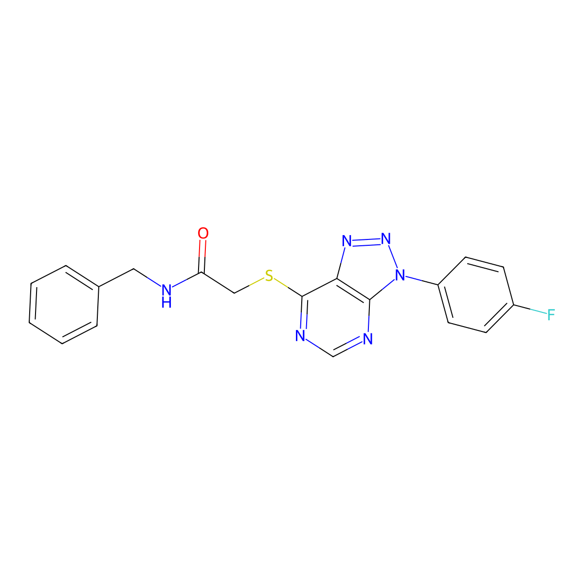 N-benzyl-2-((3-(4-fluorophenyl)-3H-[1,2,3]triazolo[4,5-d]pyrimidin-7-yl)thio)acetamide molecular structure, CAS 863460-28-0