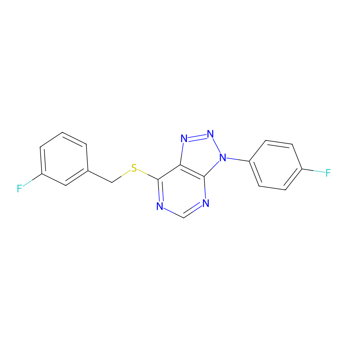 3-(4-Fluorophenyl)-7-[(3-fluorophenyl)methylsulfanyl]triazolo[4,5-d]pyrimidine molecular structure, CAS 863460-39-3