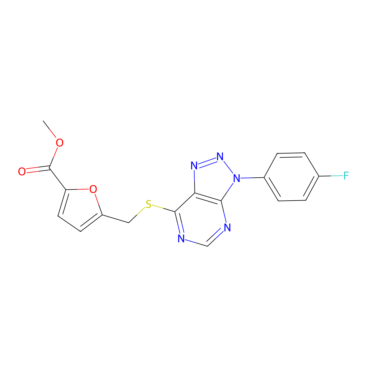methyl 5-(((3-(4-fluorophenyl)-3H-[1,2,3]triazolo[4,5-d]pyrimidin-7-yl)thio)methyl)furan-2-carboxylate molecular structure, CAS 863460-51-9