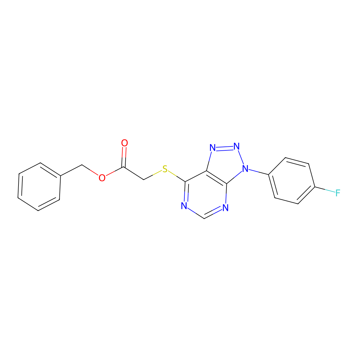 benzyl 2-((3-(4-fluorophenyl)-3H-[1,2,3]triazolo[4,5-d]pyrimidin-7-yl)thio)acetate molecular structure, CAS 863460-60-0