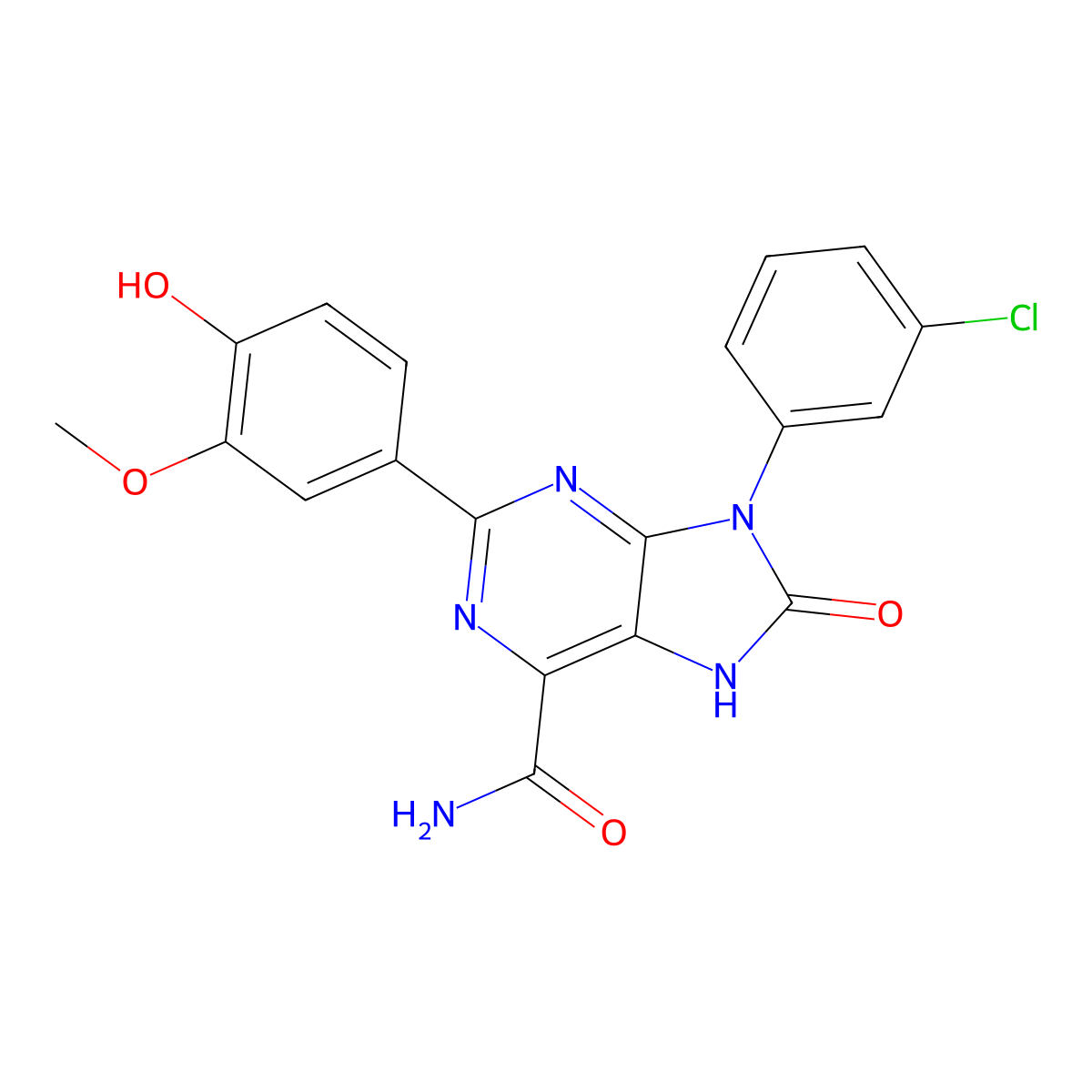 9-(3-chlorophenyl)-2-(4-hydroxy-3-methoxyphenyl)-8-oxo-8,9-dihydro-7H-purine-6-carboxamide molecular structure, CAS 863501-25-1