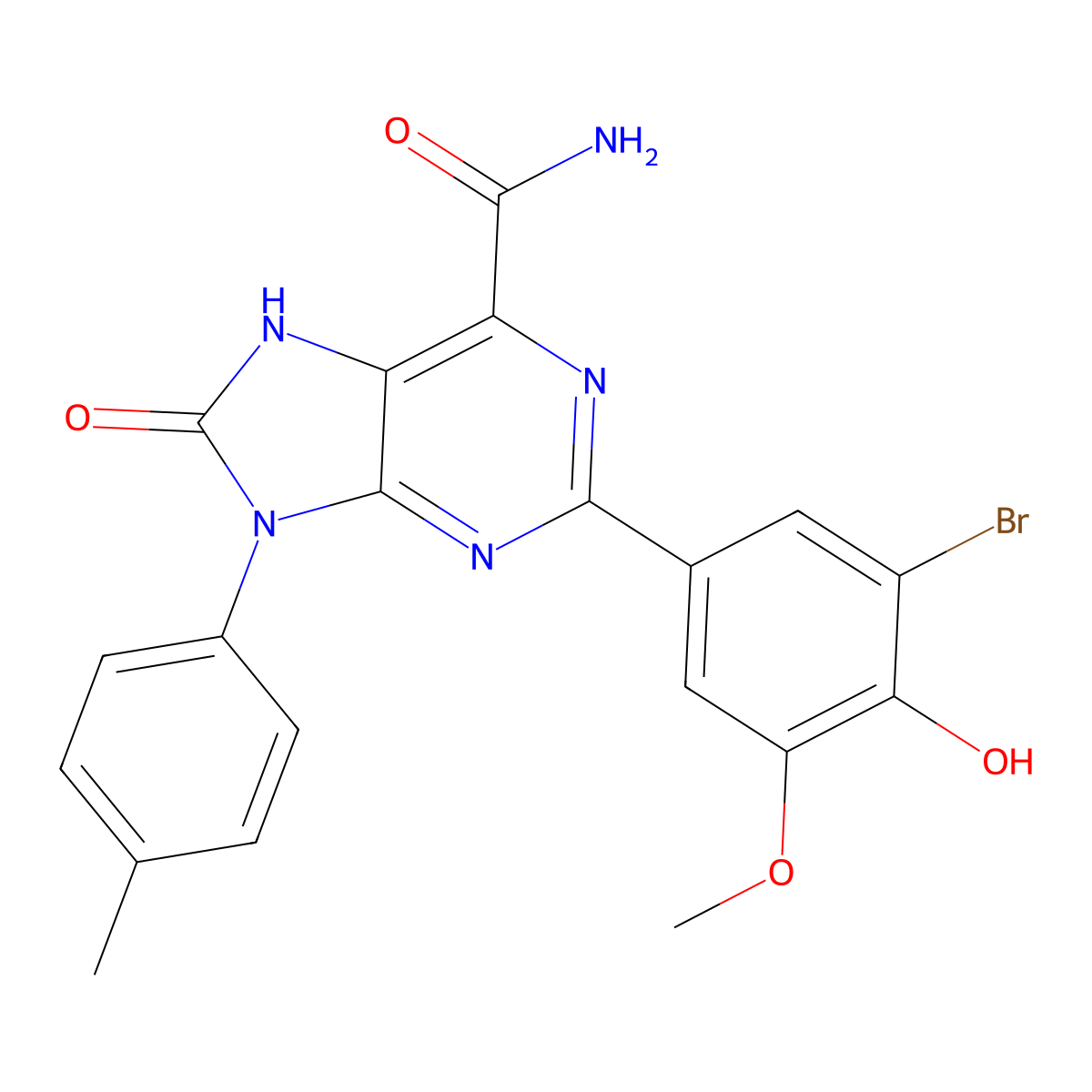 2-(3-bromo-4-hydroxy-5-methoxyphenyl)-9-(4-methylphenyl)-8-oxo-8,9-dihydro-7H-purine-6-carboxamide molecular structure, CAS 863502-08-3