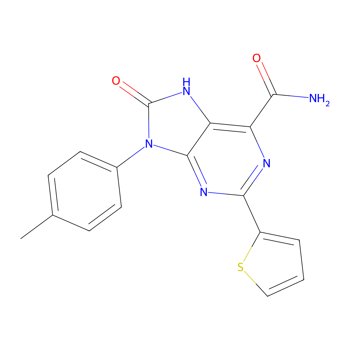 8-oxo-2-(thiophen-2-yl)-9-(p-tolyl)-8,9-dihydro-7H-purine-6-carboxamide molecular structure, CAS 863502-35-6
