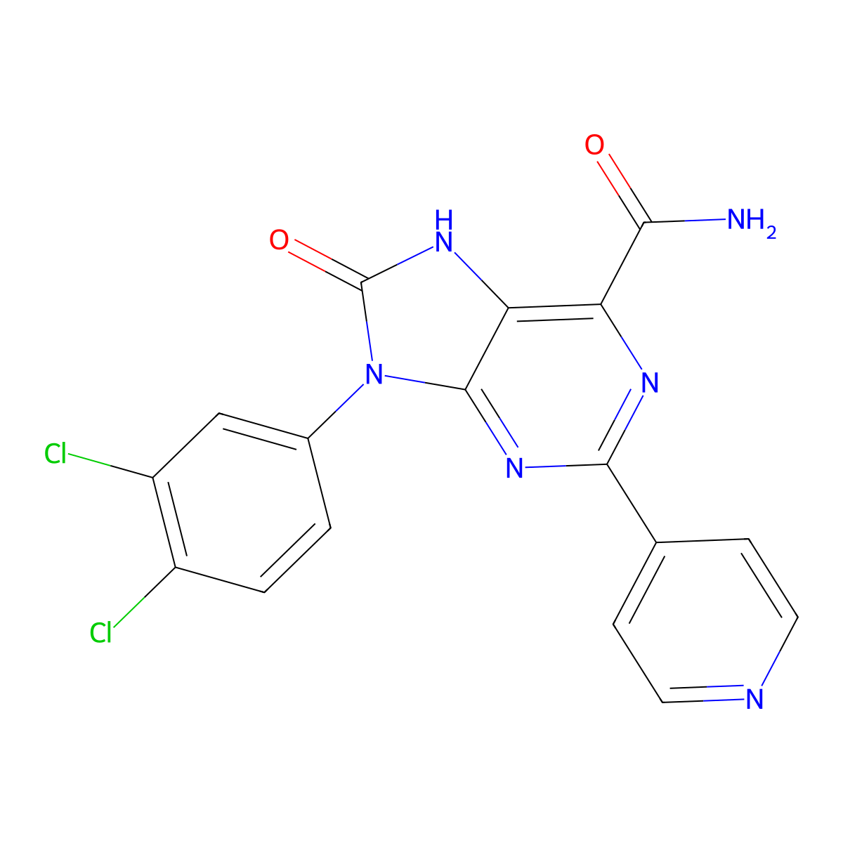 9-(3,4-dichlorophenyl)-8-oxo-2-(pyridin-4-yl)-8,9-dihydro-7H-purine-6-carboxamide molecular structure, CAS 863510-75-2