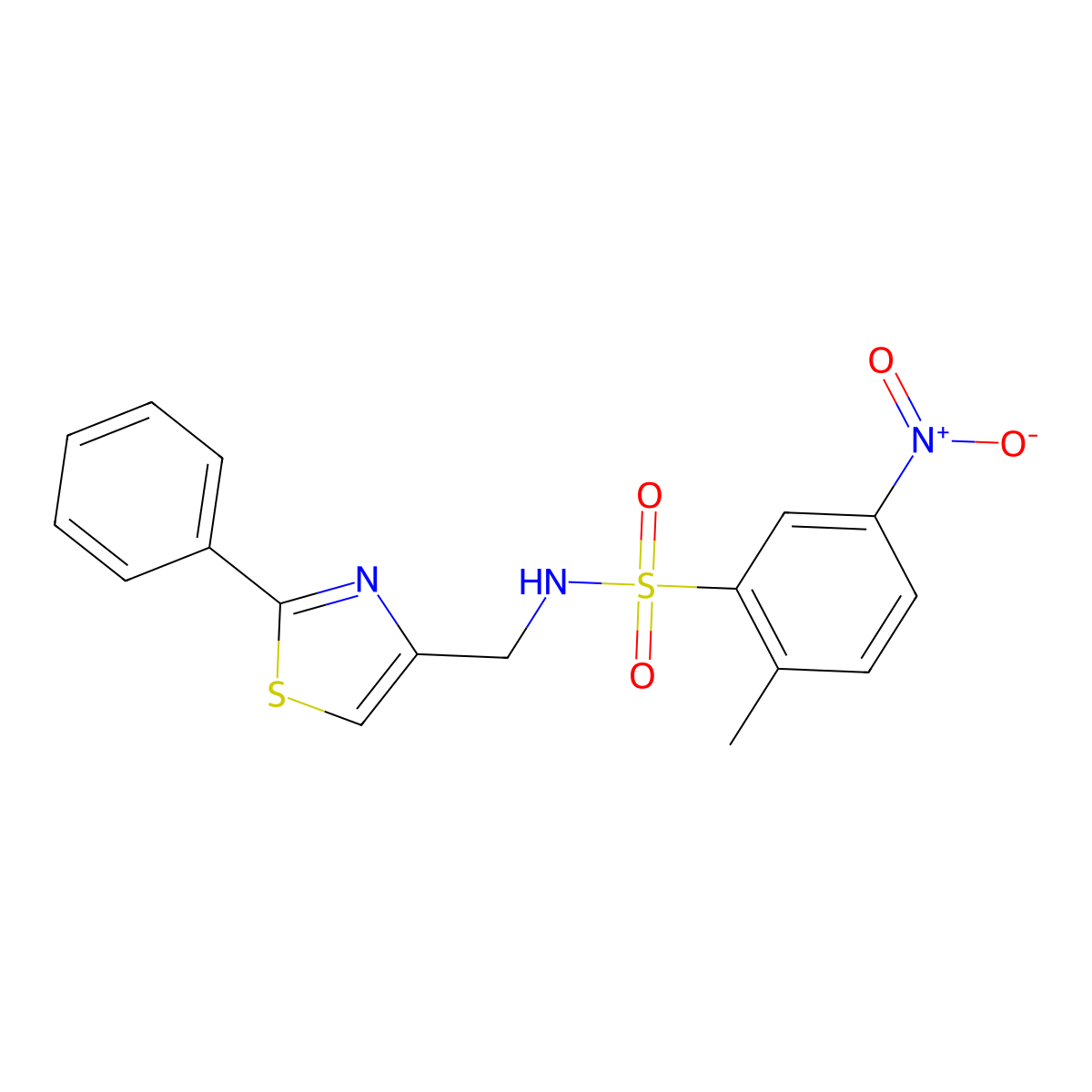 2-methyl-5-nitro-N-((2-phenylthiazol-4-yl)methyl)benzenesulfonamide molecular structure, CAS 863511-10-8