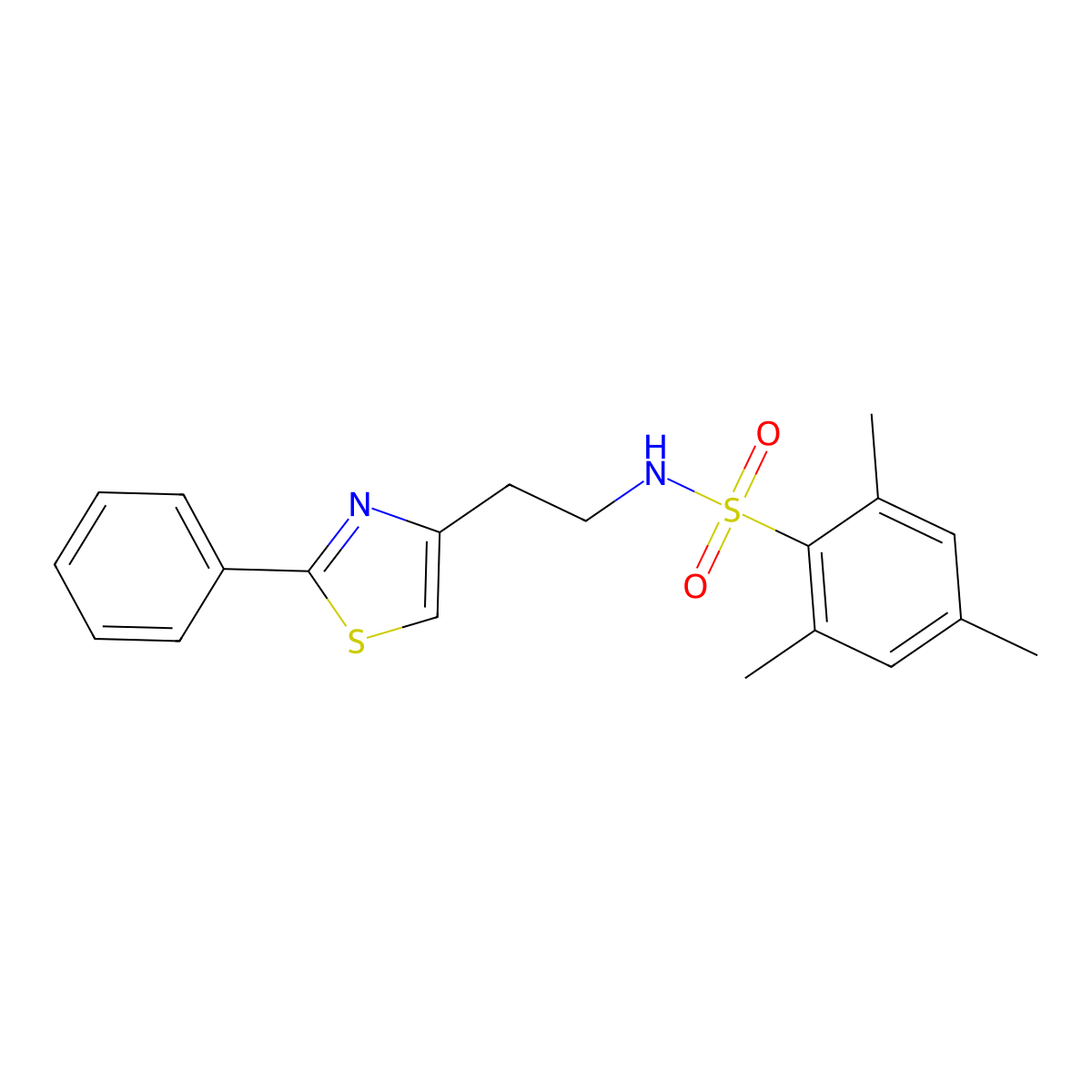2,4,6-trimethyl-N-(2-(2-phenylthiazol-4-yl)ethyl)benzenesulfonamide molecular structure, CAS 863511-72-2
