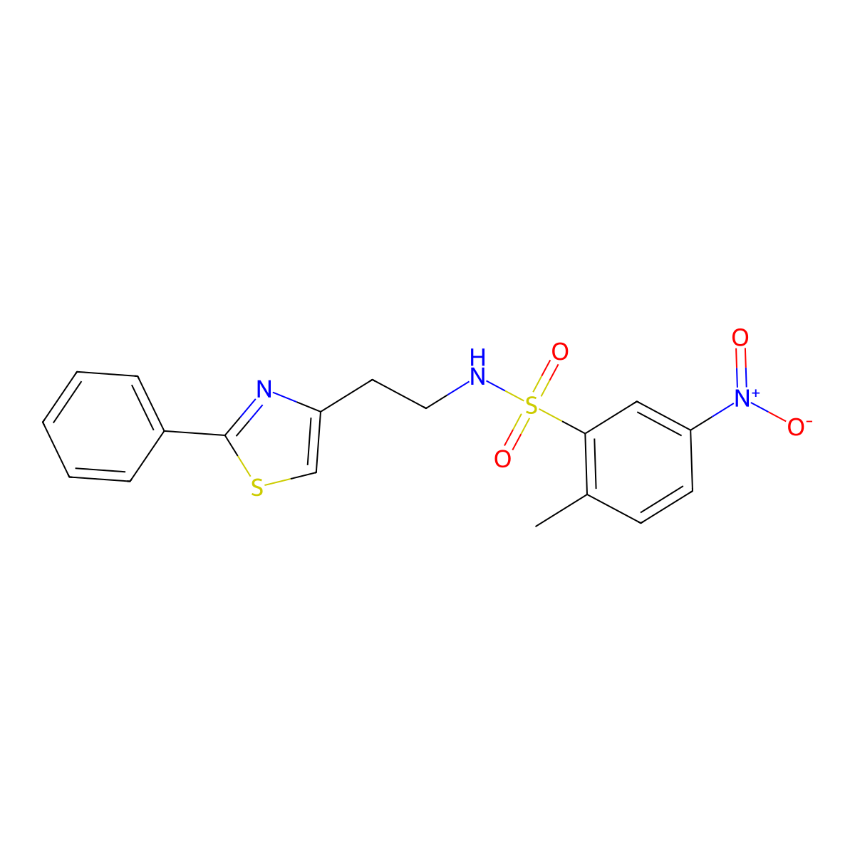 2-methyl-5-nitro-N-(2-(2-phenylthiazol-4-yl)ethyl)benzenesulfonamide molecular structure, CAS 863511-82-4