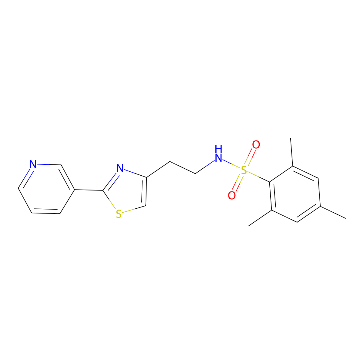 2,4,6-trimethyl-N-(2-(2-(pyridin-3-yl)thiazol-4-yl)ethyl)benzenesulfonamide molecular structure, CAS 863511-96-0