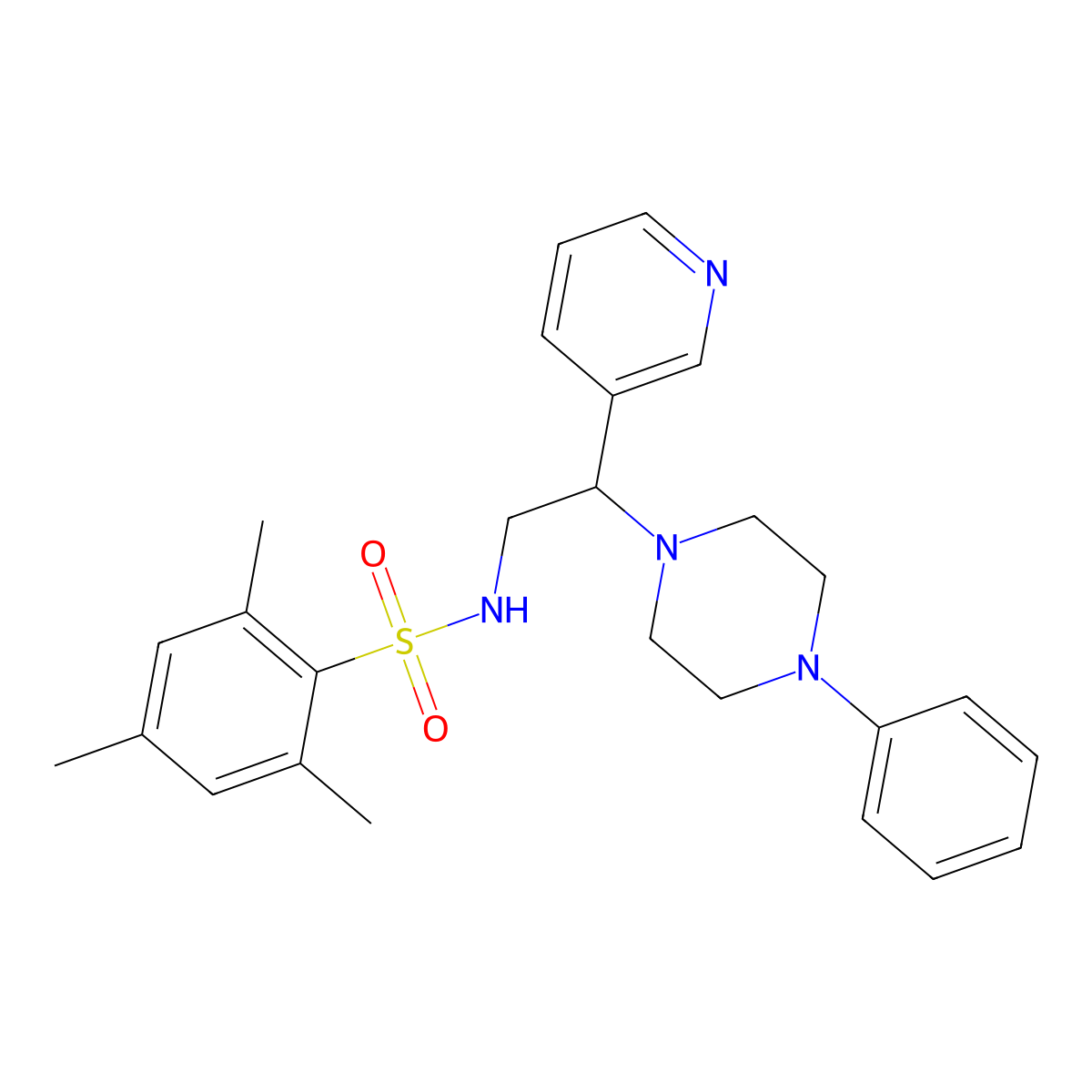 2,4,6-trimethyl-N-(2-(4-phenylpiperazin-1-yl)-2-(pyridin-3-yl)ethyl)benzenesulfonamide molecular structure, CAS 863558-77-4