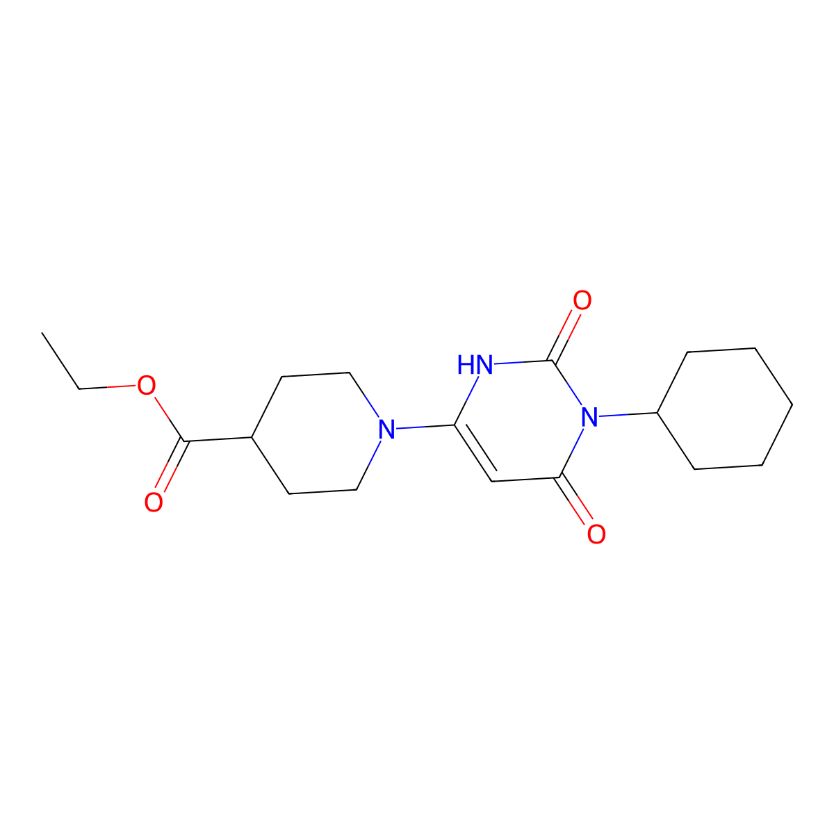 Ethyl 1-(1-cyclohexyl-2,6-dioxo-1,2,3,6-tetrahydropyrimidin-4-yl)piperidine-4-carboxylate molecular structure, CAS 863588-17-4