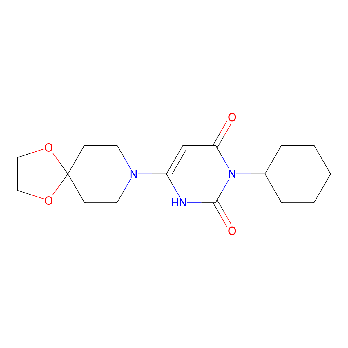 3-cyclohexyl-6-(1,4-dioxa-8-azaspiro[4.5]decan-8-yl)-1H-pyrimidine-2,4-dione molecular structure, CAS 863588-20-9