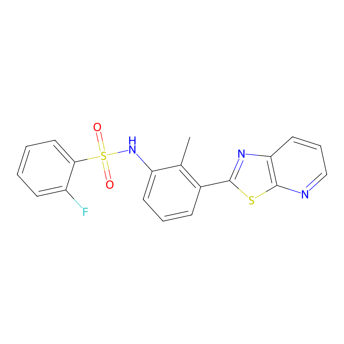 2-fluoro-N-(2-methyl-3-(thiazolo[5,4-b]pyridin-2-yl)phenyl)benzenesulfonamide molecular structure, CAS 863595-08-8