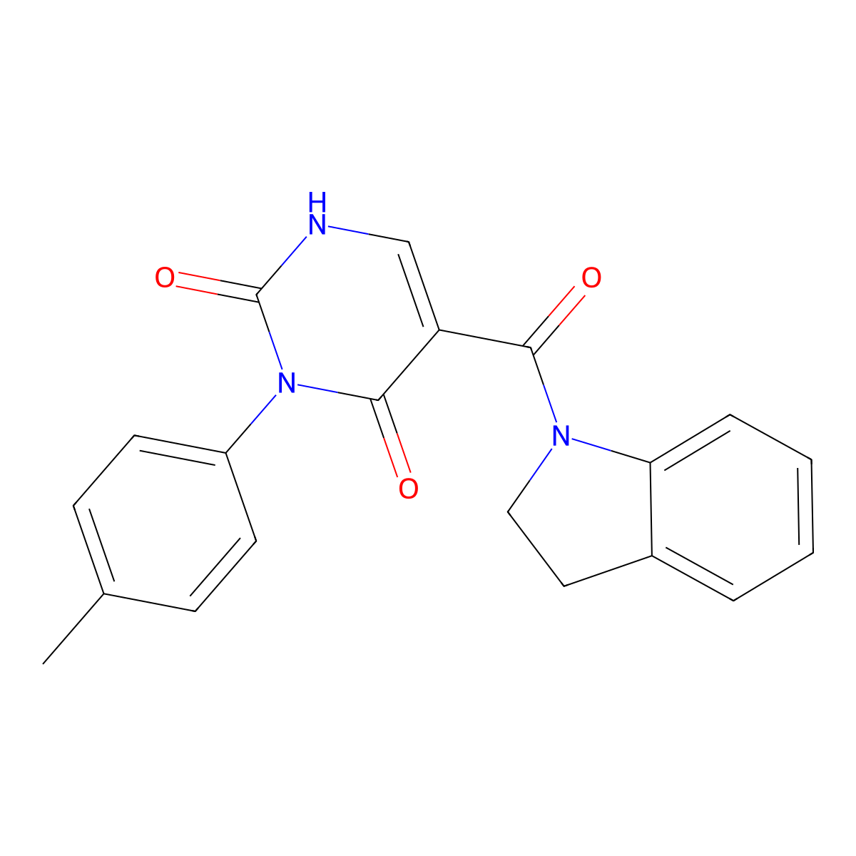 5-(2,3-dihydro-1H-indol-1-ylcarbonyl)-3-(4-methylphenyl)pyrimidine-2,4(1H,3H)-dione molecular structure, CAS 863611-06-7