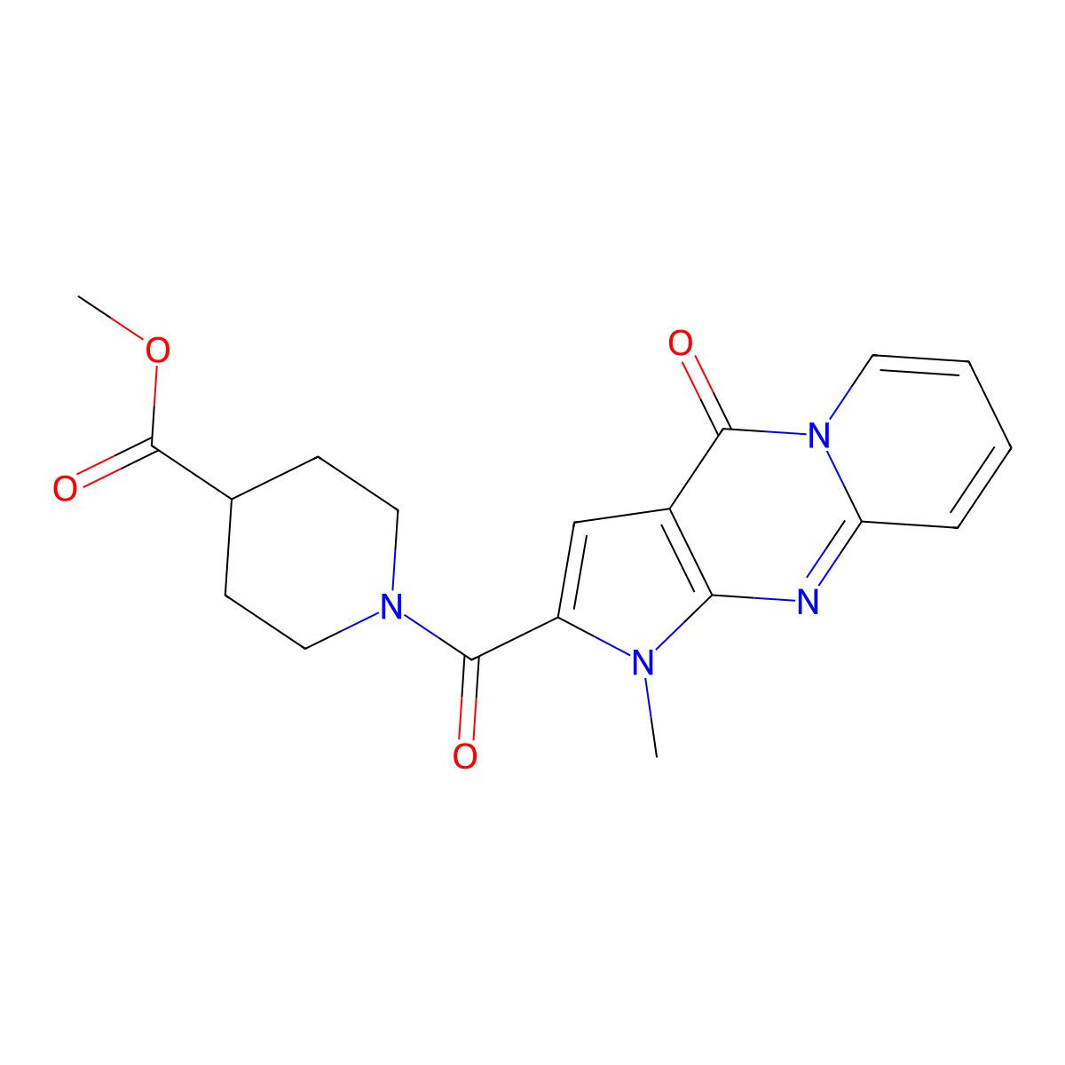 Methyl 1-{6-methyl-2-oxo-1,6,8-triazatricyclo[7.4.0.0^{3,7}]trideca-3(7),4,8,10,12-pentaene-5-carbonyl}piperidine-4-carboxylate molecular structure, CAS 863614-58-8