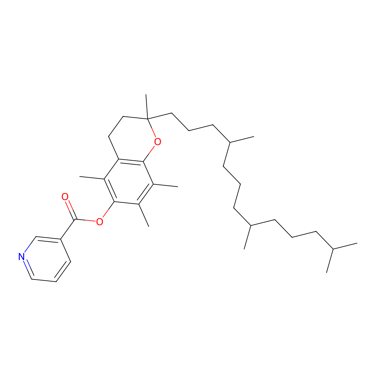 3,4-Dihydro-2,5,7,8-tetramethyl-2-(4,8,12-trimethyltridecyl)-2H-1-benzopyran-6-yl nicotinate molecular structure, CAS 86362-36-9