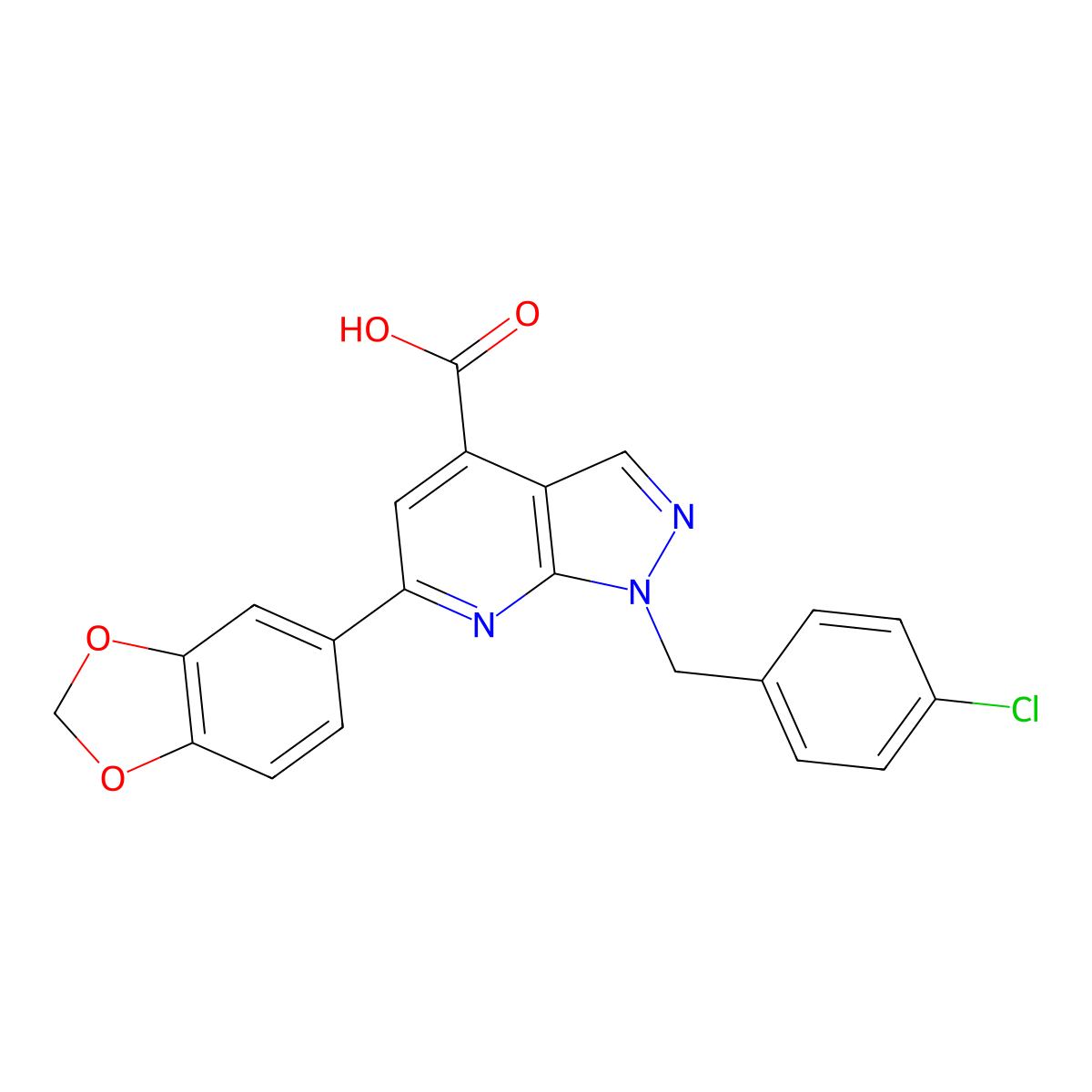 6-(1,3-dioxaindan-5-yl)-1-[(4-chlorophenyl)methyl]-1H-pyrazolo[3,4-b]pyridine-4-carboxylic acid molecular structure, CAS 863668-00-2