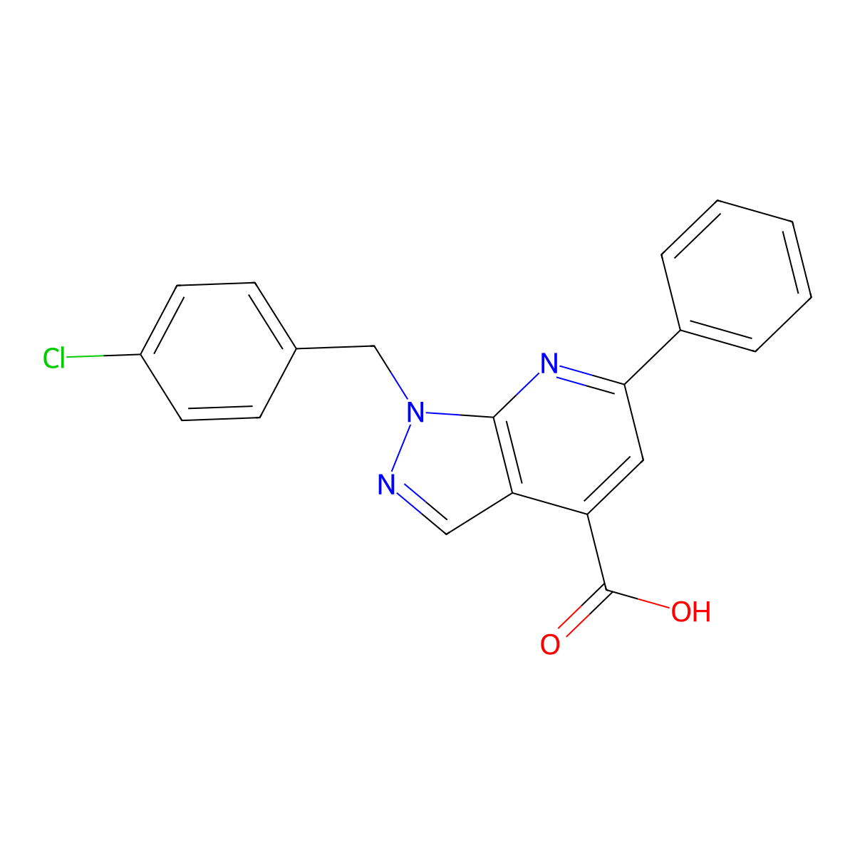 1-((4-Chlorophenyl)methyl)-6-phenyl-1H-pyrazolo(3,4-b)pyridine-4-carboxylic acid molecular structure, CAS 863669-02-7