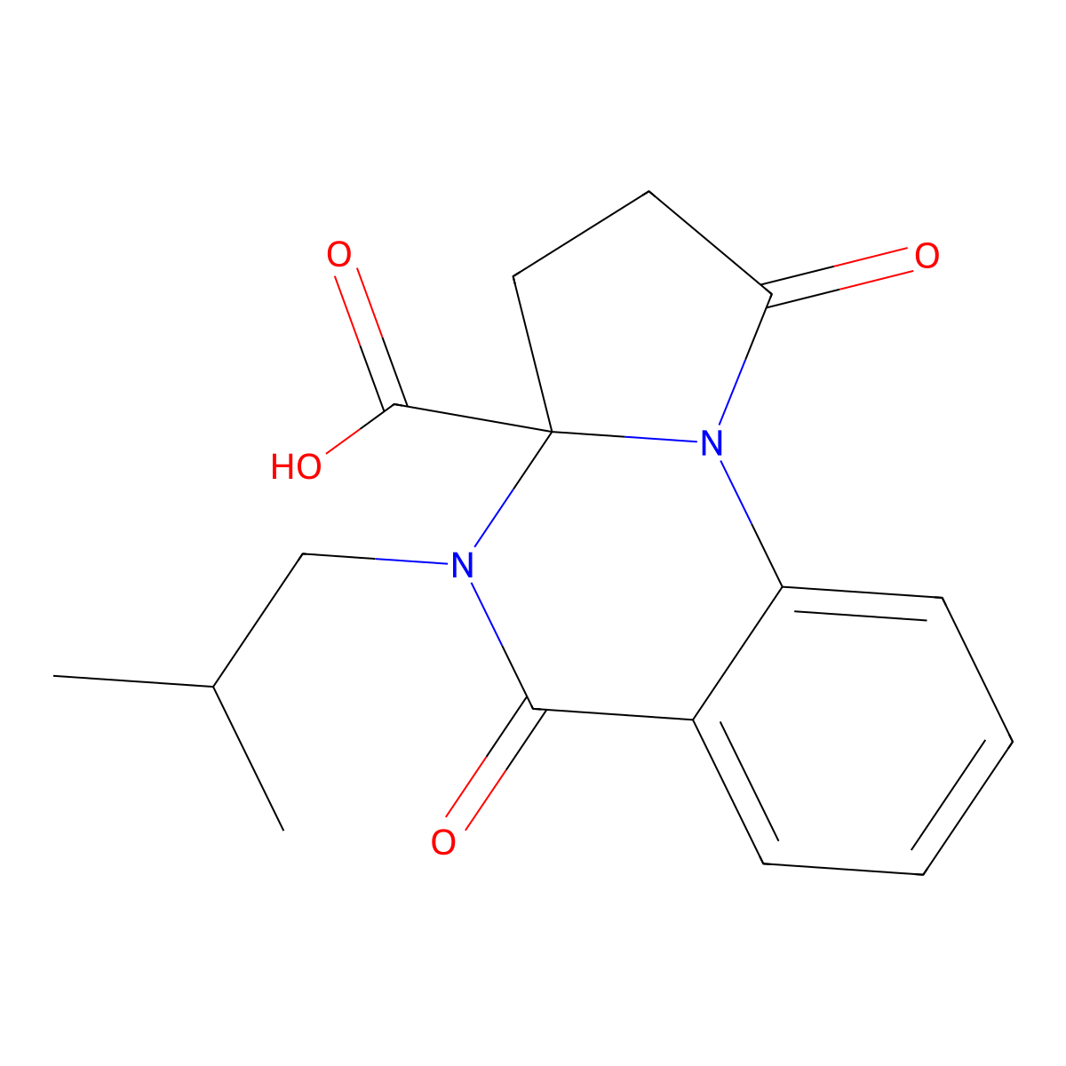 4-isobutyl-1,5-dioxo-2,3,4,5-tetrahydropyrrolo[1,2-a]quinazoline-3a(1H)-carboxylic acid molecular structure, CAS 863669-58-3
