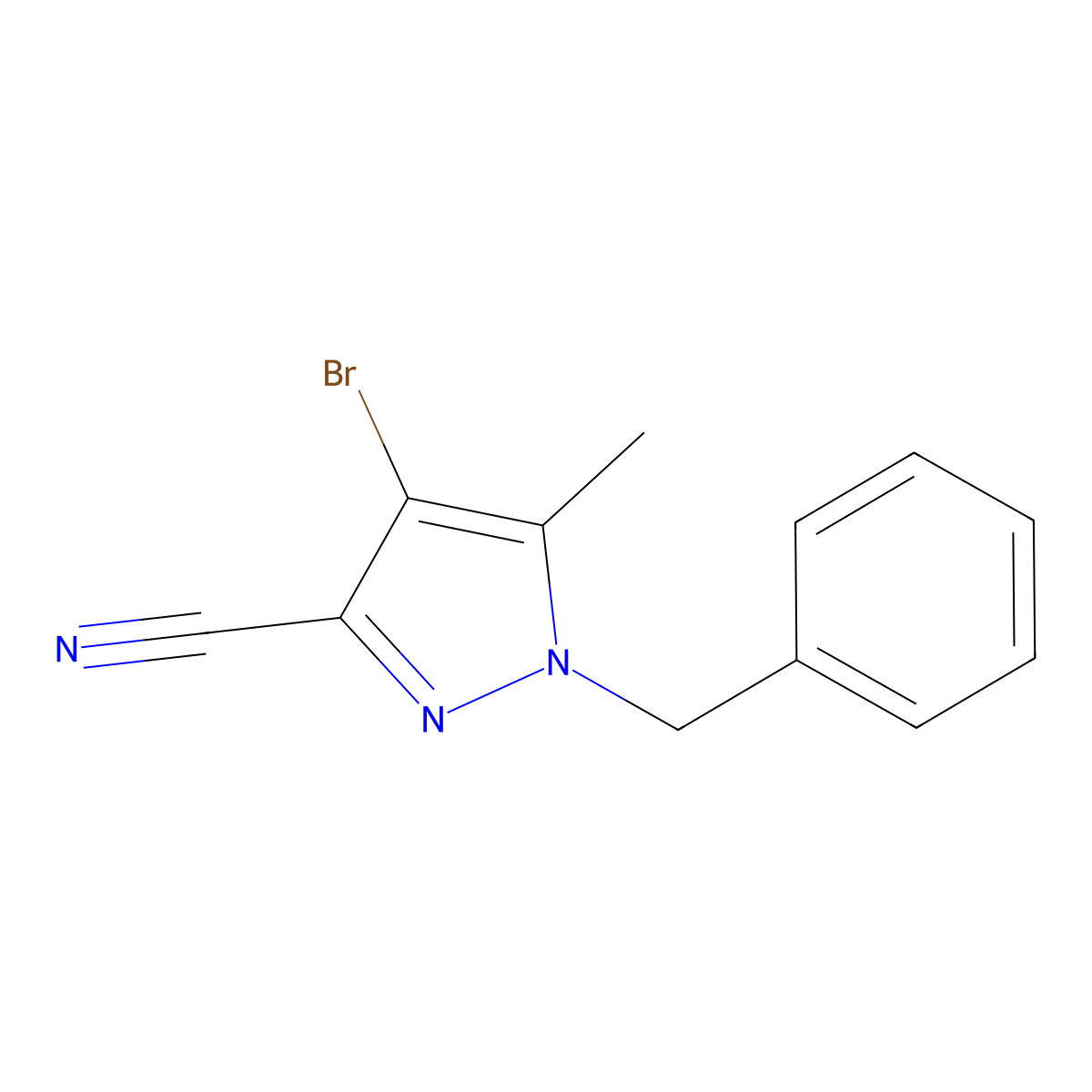 1-Benzyl-4-bromo-5-methyl-1H-pyrazole-3-carbonitrile molecular structure, CAS 863752-24-3