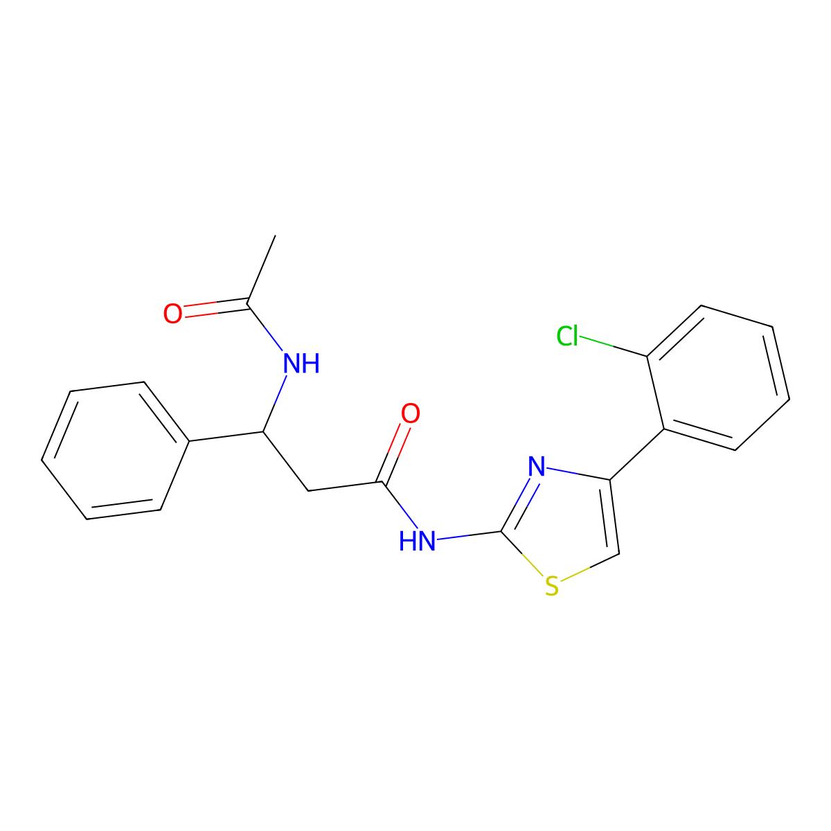 3-Acetamido-N-(4-(2-chlorophenyl)thiazol-2-yl)-3-phenylpropanamide molecular structure, CAS 863763-20-6