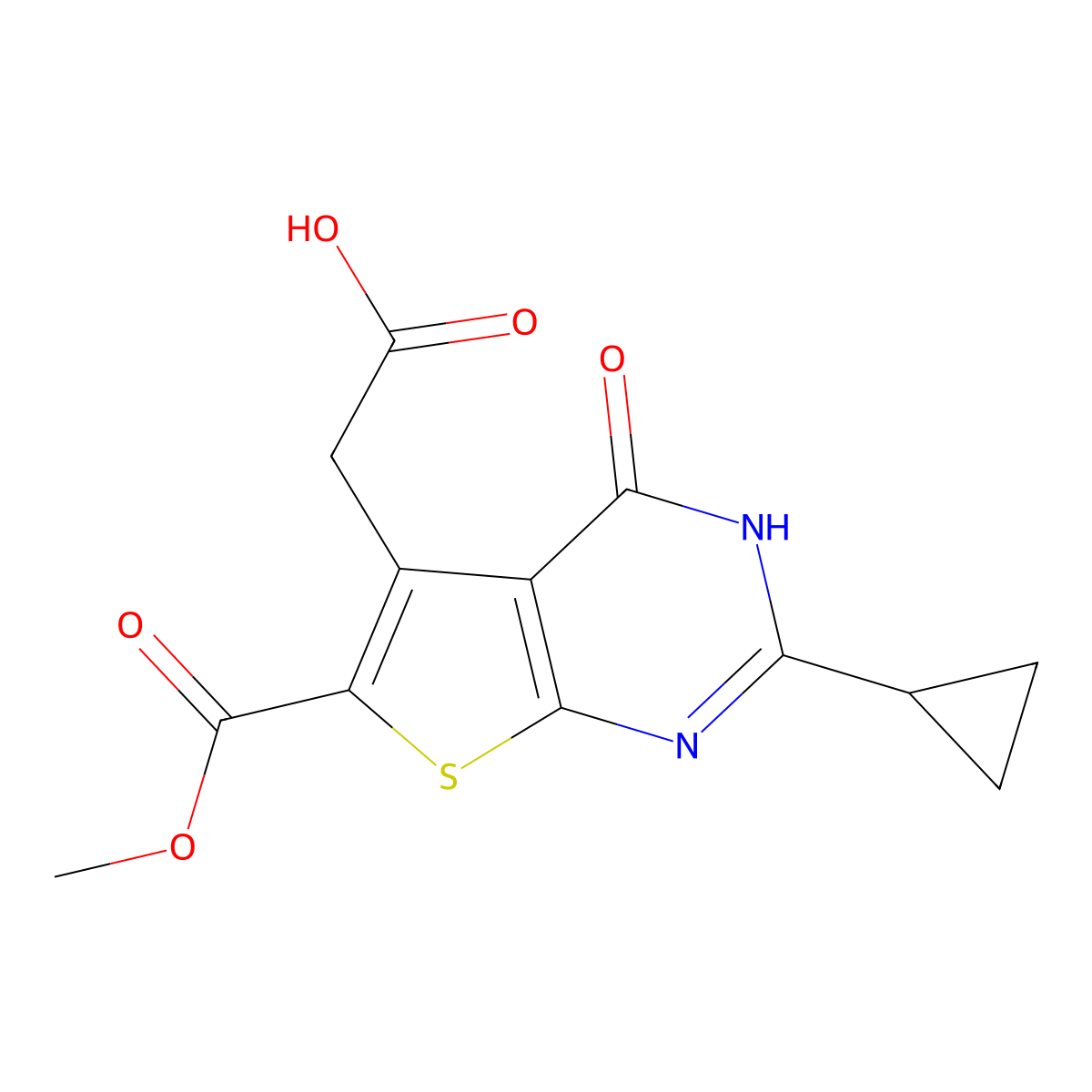 2-[2-cyclopropyl-6-(methoxycarbonyl)-4-oxo-3H,4H-thieno[2,3-d]pyrimidin-5-yl]acetic acid molecular structure, CAS 863763-66-0
