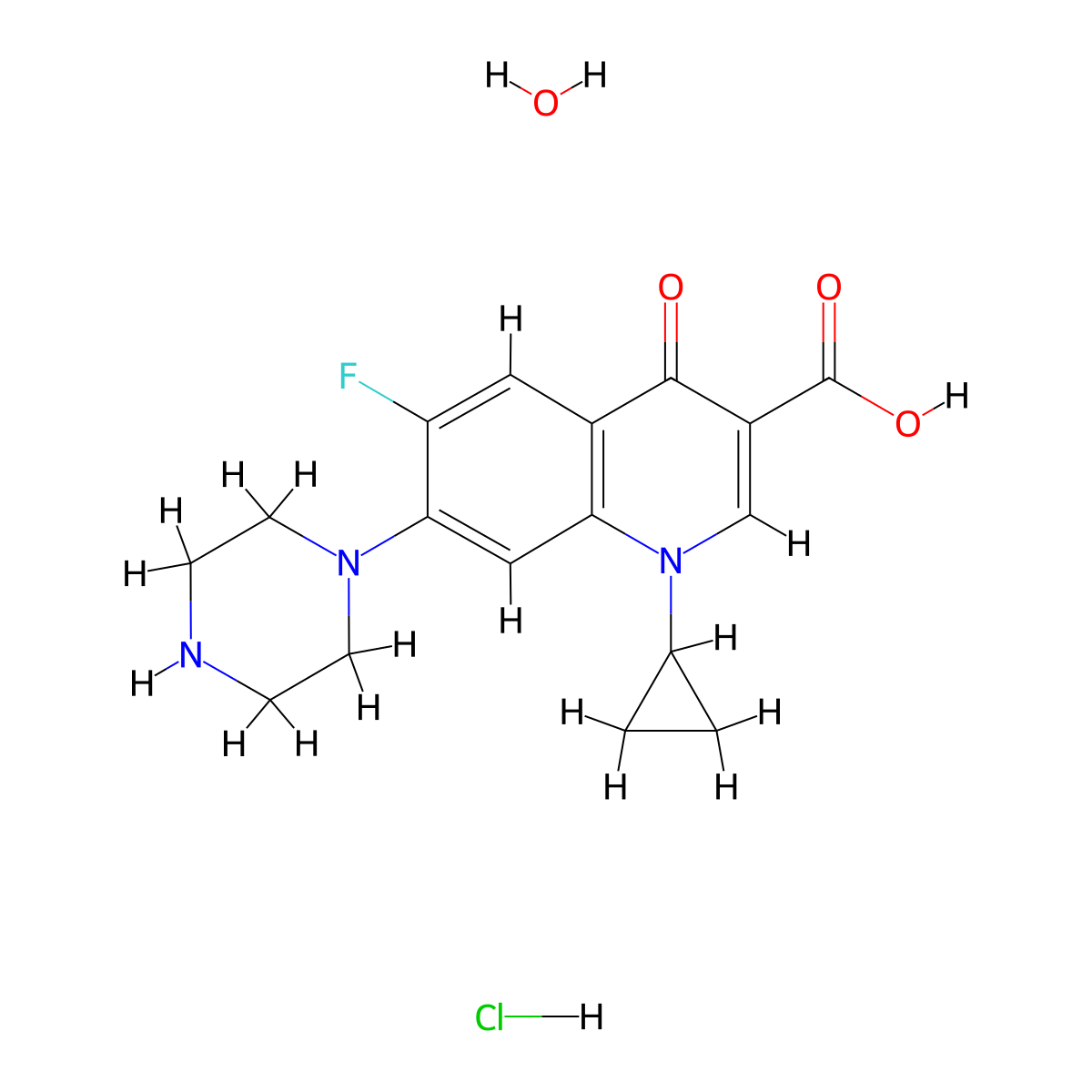 Ciprofloxacin hydrochloride monohydrate molecular structure, CAS 86393-32-0
