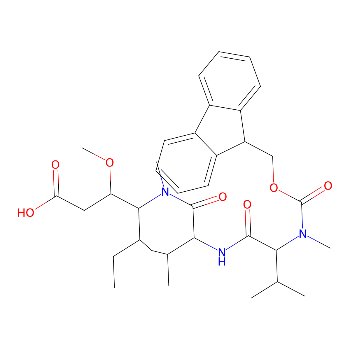 (5S,8S,11S,12R)-11-((S)-sec-butyl)-1-(9H-fluoren-9-yl)-5,8-diisopropyl-12-methoxy-4,10-dimethyl-3,6,9-trioxo-2-oxa-4,7,10-triazatetradecan-14-oic acid molecular structure, CAS 863971-44-2