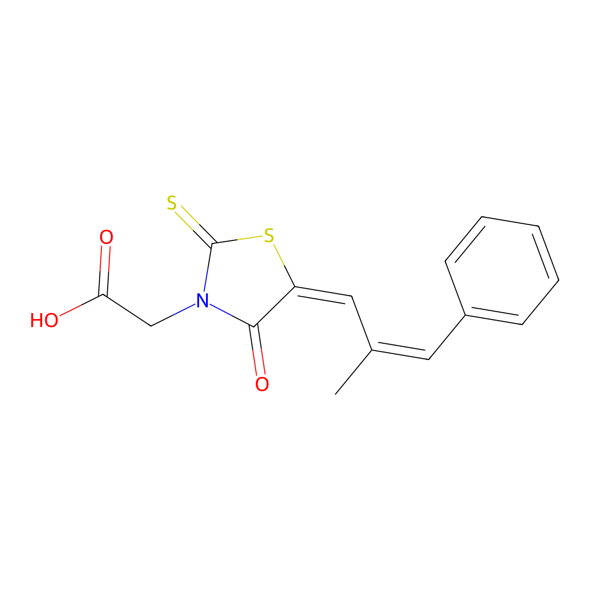 2-((E)-5-((E)-2-methyl-3-phenylallylidene)-4-oxo-2-thioxothiazolidin-3-yl)acetic acid molecular structure, CAS 863988-85-6