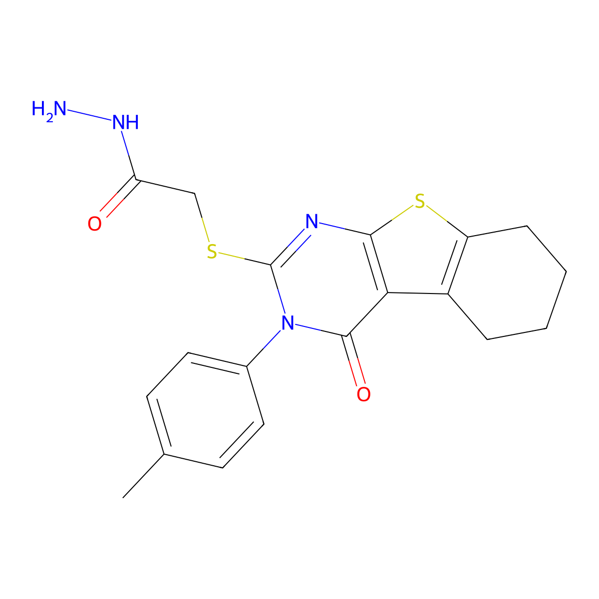 2-{[4-(4-Methylphenyl)-3-oxo-8-thia-4,6-diazatricyclo[7.4.0.0,2,7]trideca-1(9),2(7),5-trien-5-yl]sulfanyl}acetohydrazide molecular structure, CAS 864060-48-0