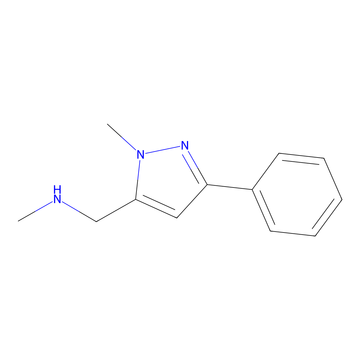 N-Methyl-1-(1-methyl-3-phenyl-1H-pyrazol-5-yl)methanamine molecular structure, CAS 864068-98-4