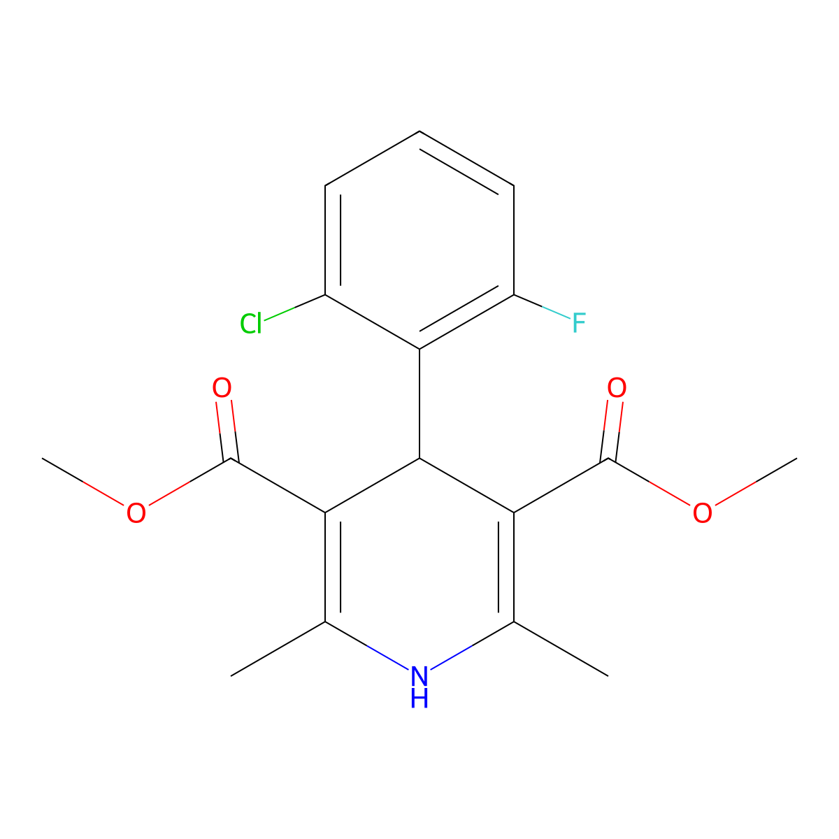 Dimethyl 4-(2-chloro-6-fluorophenyl)-2,6-dimethyl-1,4-dihydropyridine-3,5-dicarboxylate molecular structure, CAS 86408-11-9