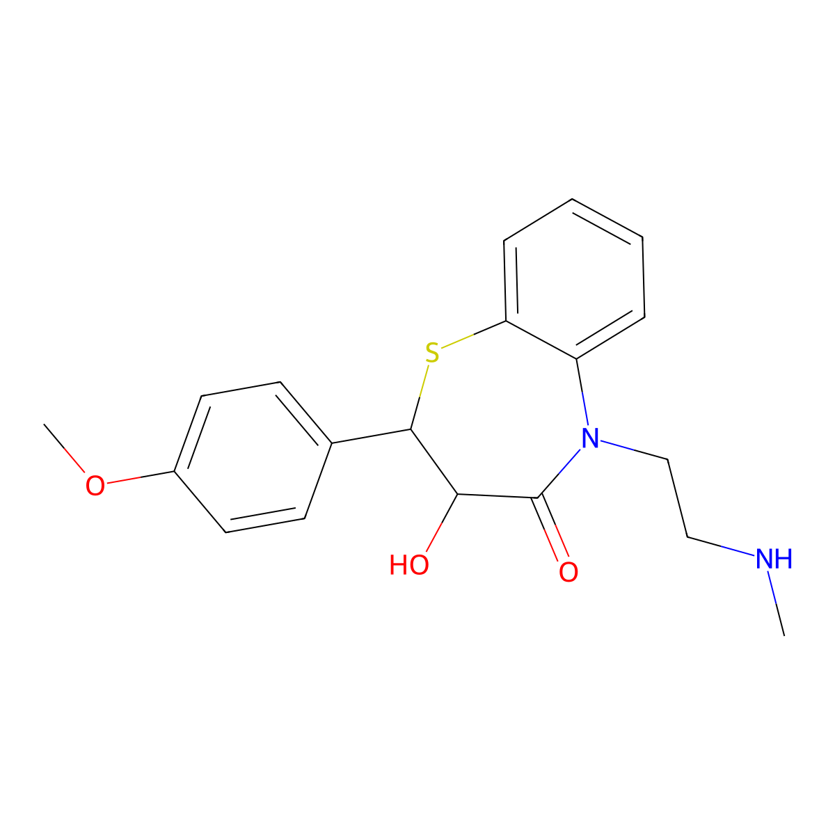 1,5-Benzothiazepin-4(5H)-one, 2,3-dihydro-3-hydroxy-2-(4-methoxyphenyl)-5-(2-(methylamino)ethyl)-, (2S,3S)- molecular structure, CAS 86408-44-8