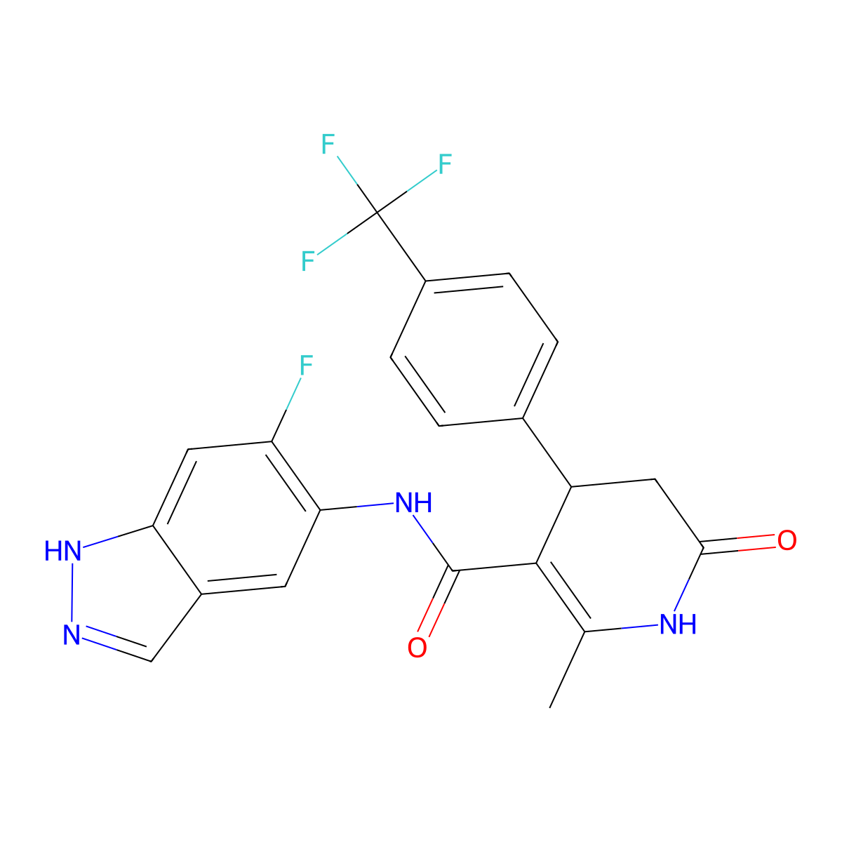 4-(4-(trifluoromethyl)phenyl)-N-(6-fluoro-1H-indazol-5-yl)-2-methyl-6-oxo-1,4,5,6-tetrahydro-3-pyridinecarboxamide molecular structure, CAS 864082-47-3