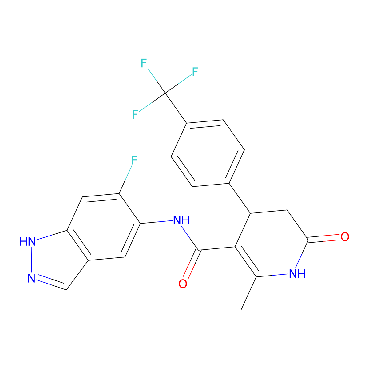 4-(4-(trifluoromethyl)phenyl)-N-(6-fluoro-1H-indazol-5-yl)-2-methyl-6-oxo-1,4,5,6-tetrahydro-3-pyridinecarboxamide molecular structure, CAS 864082-47-3