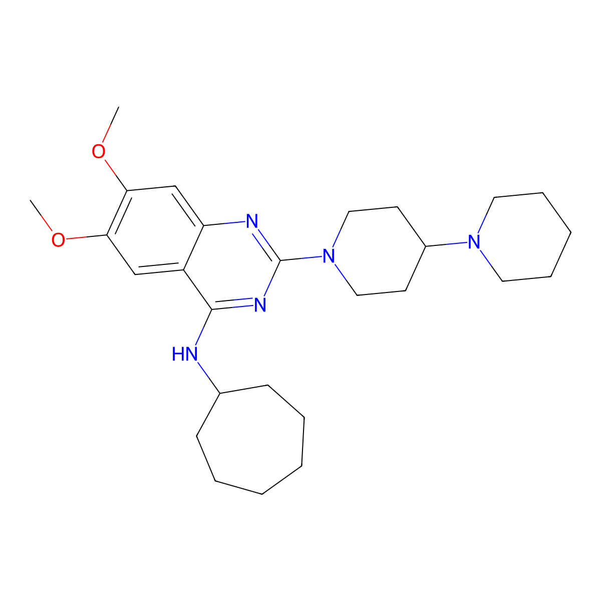 N-cycloheptyl-6,7-dimethoxy-2-(4-piperidin-1-ylpiperidin-1-yl)quinazolin-4-amine molecular structure, CAS 864289-85-0
