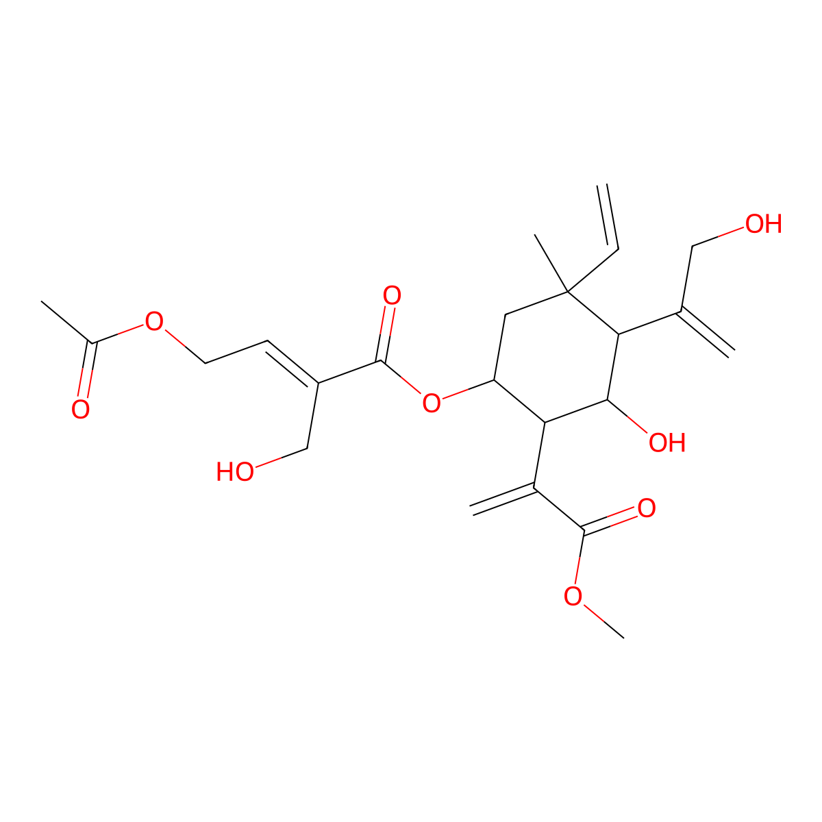 (5-ethenyl-3-hydroxy-4-(3-hydroxyprop-1-en-2-yl)-2-(3-methoxy-3-oxoprop-1-en-2-yl)-5-methylcyclohexyl) (Z)-4-acetyloxy-2-(hydroxymethyl)but-2-enoate molecular structure, CAS 864683-90-9