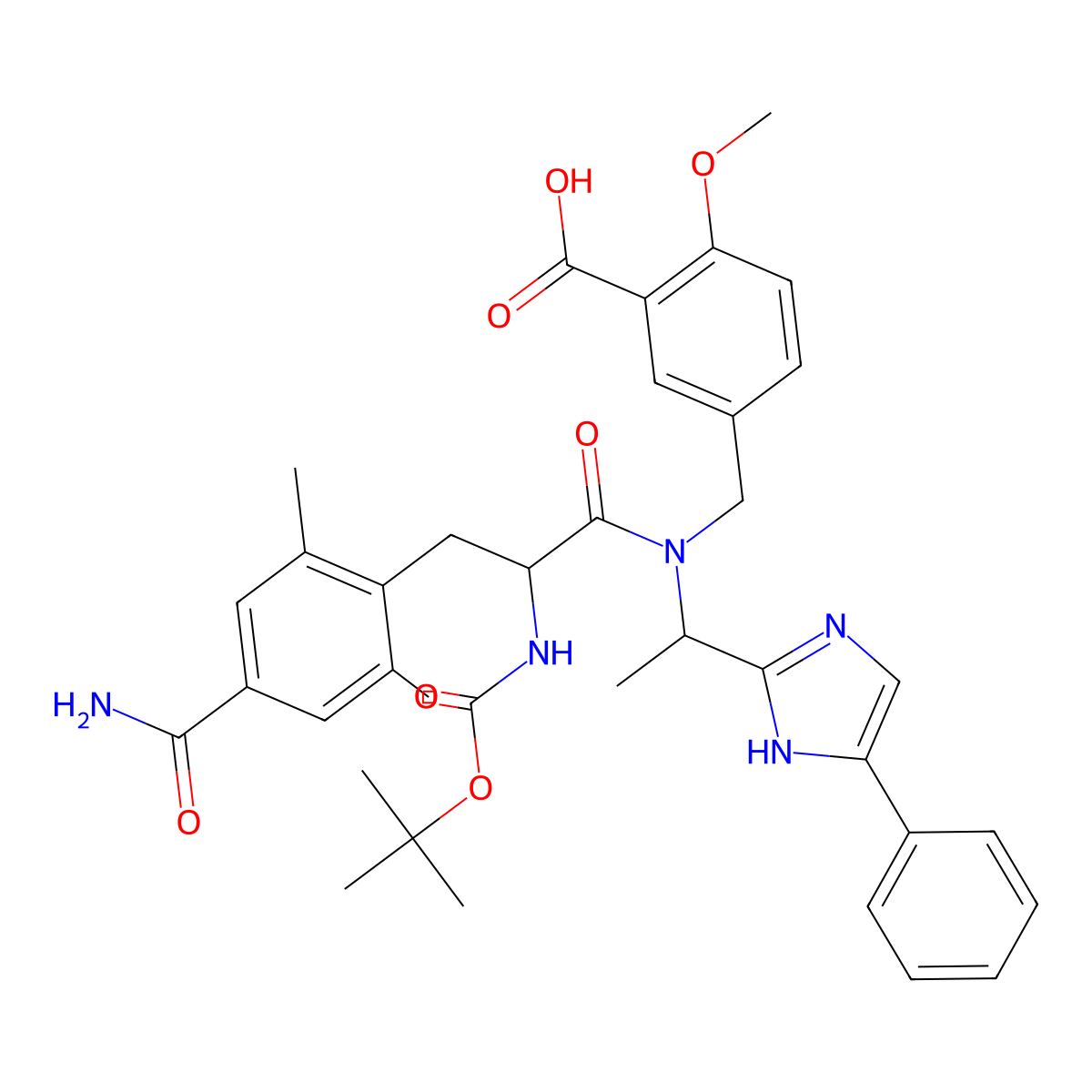 Benzoic acid, 5-[[[(2S)-3-[4-(aminocarbonyl)-2,6-dimethylphenyl]-2-[[(1,1-dimethylethoxy)carbonyl]amino]-1-oxopropyl][(1S)-1-(5-phenyl-1H-imidazol-2-yl)ethyl]amino]methyl]-2-methoxy- molecular structure, CAS 864825-69-4