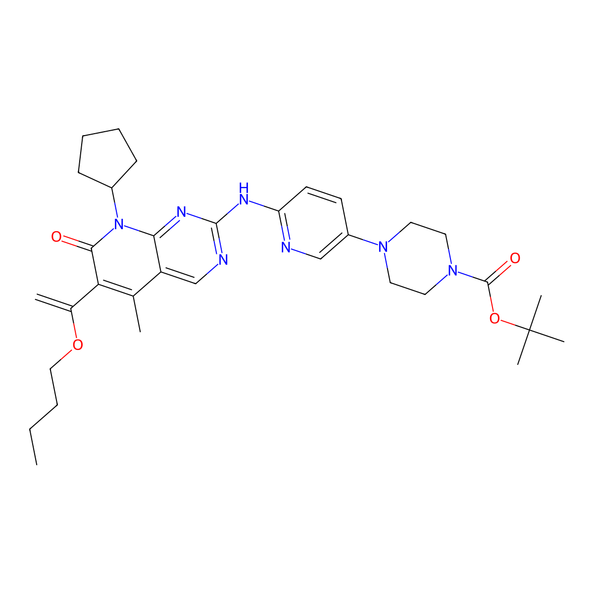 tert-Butyl 4-(6-((6-(1-Butoxyethenyl)-8-cyclopentyl-5-methyl-7-oxo-7,8-dihydro-pyrido(2,3-d)pyrimidin-2-yl)amino)-pyridin-3-yl)-piperazine-1-carboxylate molecular structure, CAS 866084-31-3